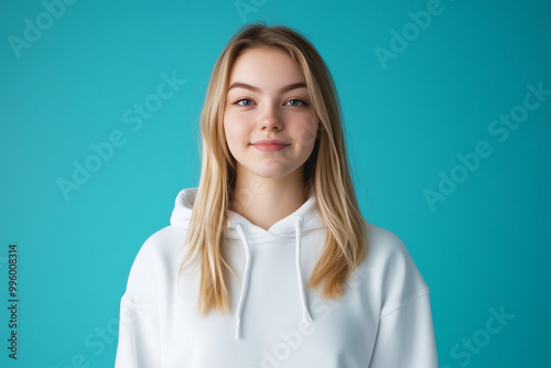 Blonde girl in hoodie with one emotion