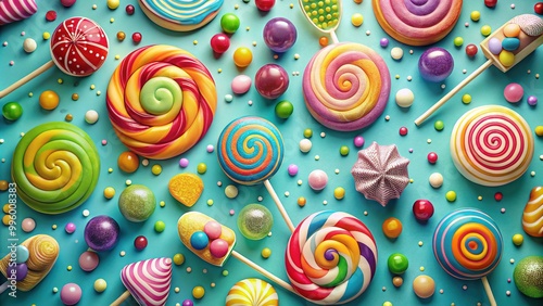 Whimsical cartoon candies arrange in a playful pattern on soft pastel hues, swirled with texture and speckles adding visual allure to the piece.
