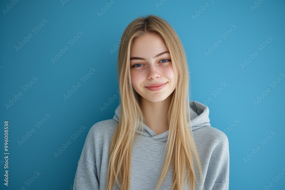 Fototapeta premium Blonde girl in hoodie with one emotion