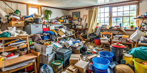 Messy hoarder room filled with cluttered boxes, electronics, household objects, and junk, hoarder, room, cluttered