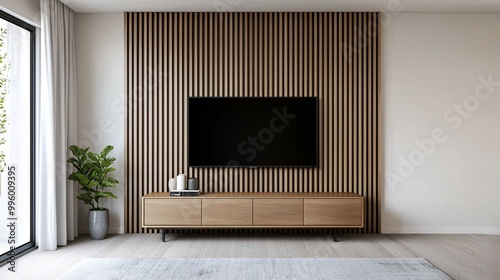 Modern living room interior featuring a wooden slat accent wall with a mounted flat-screen TV, minimalist wooden console, and potted plant. photo