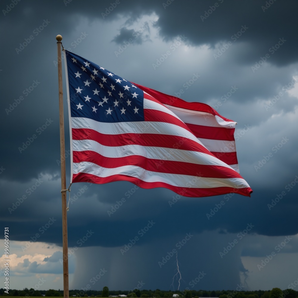 Obraz premium American flag amidst approaching clouds during an impending thunderstorm
