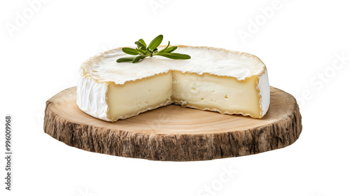 Artisan cheese on wooden board isolated on transparent background