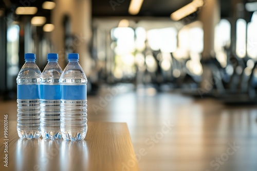 Three Water Bottles in a Clean and Modern Gym Setting with Equipment in the Background