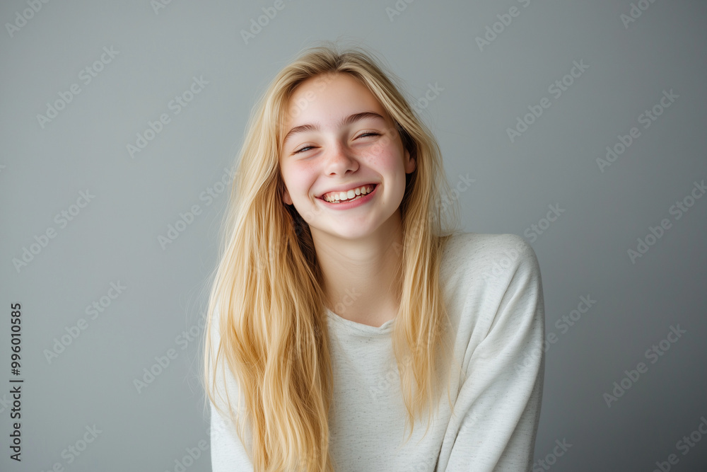 Blonde girl in hoodie with one emotion