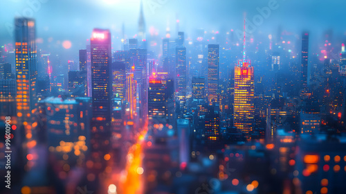A Dreamy Cityscape at Night with Blurred Lights and Tall Buildings