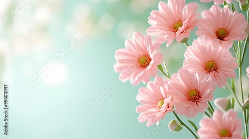 Soft pink flowers in the corner of the frame, blurry background with subtle green hues, flat design illustration
