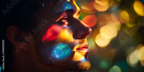 A Man's Face Illuminated by Multicolored Lights, Creating a Dreamy and Abstract Portrait