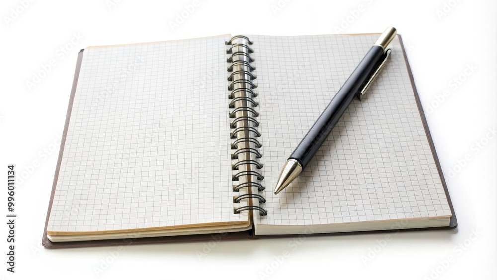 Open spiral notepad with blank checked pages and a pen resting on top Open spiral notepad with blank checked pages and a pen resting on top