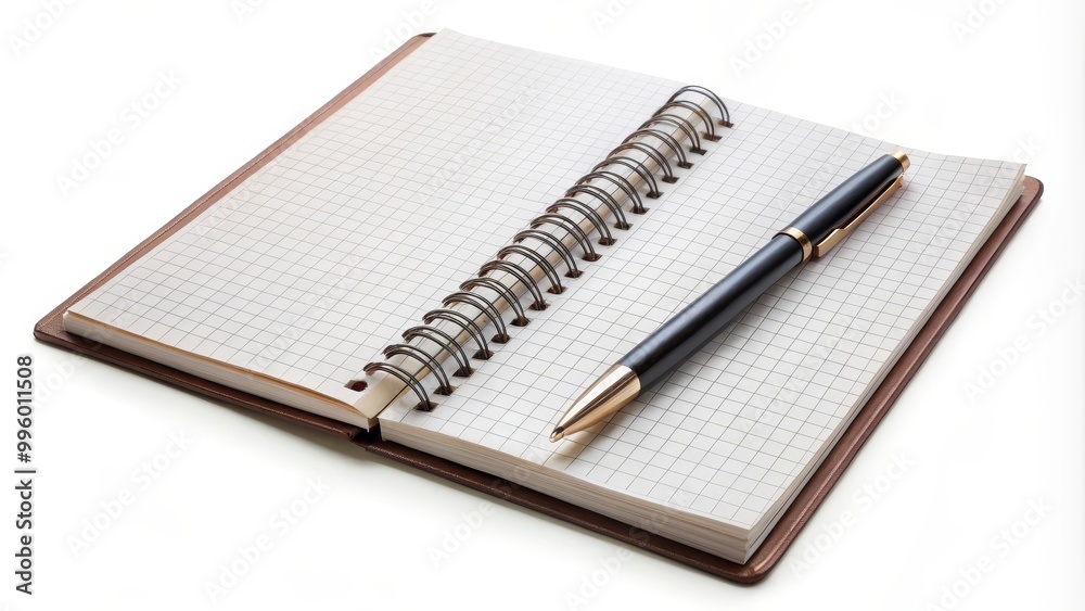 Open spiral notepad with blank checked pages and a pen resting on top