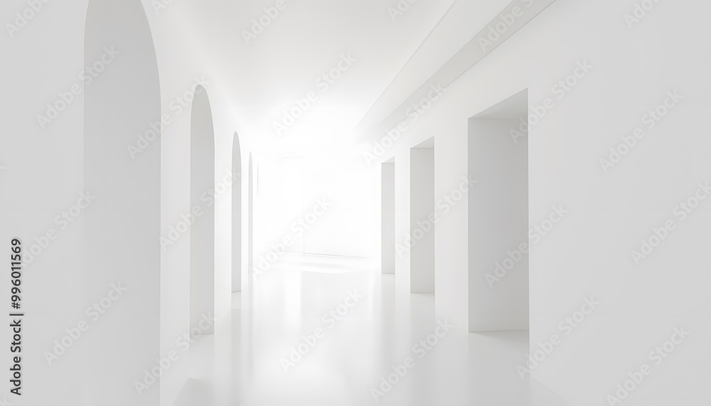Bright minimalist hallway with arched windows and soft lighting creating a serene and open atmosphere. Ideal for concepts like simplicity, tranquility, and modern architecture.