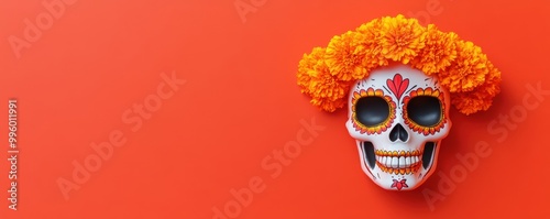 Detailed skull with vibrant face paint, marigold garland, Day of the Dead, 3D illustration 