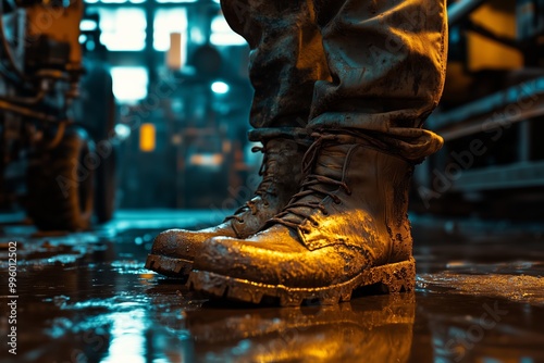  Close-Up of Rugged Work Boots in a Muddy Industrial Environment photo