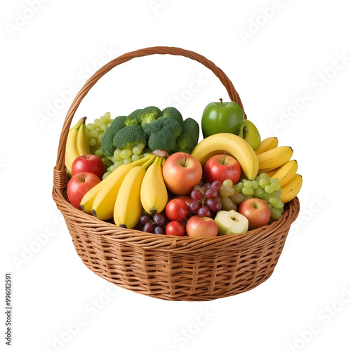 A wicker basket filled with various fresh fruits and vegetables, including apples, bananas, grapes, broccoli, and other produce png background