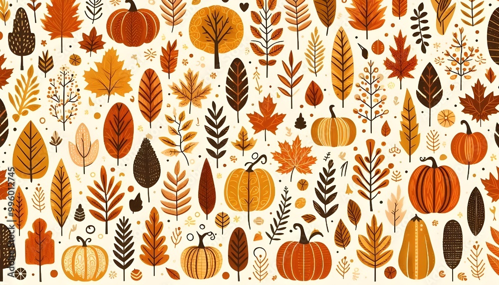 autumn background, autumn leaves, pumpkins on a plain background illustration autumn background, autumn leaves, pumpkins on a plain background illustration