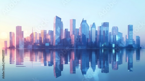 Abstract polygonal city with reflections on blue background. Technology and social innovation concept