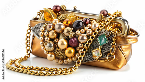 A fashionable purse filled with a gold necklace and various jewelry pieces, purse, gold, necklace, jewelry