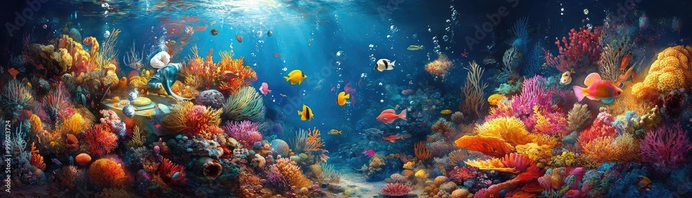 Fototapeta premium Whimsical underwater chef, vibrant coral kitchen, playful sea creatures assisting, colorful gourmet dishes floating