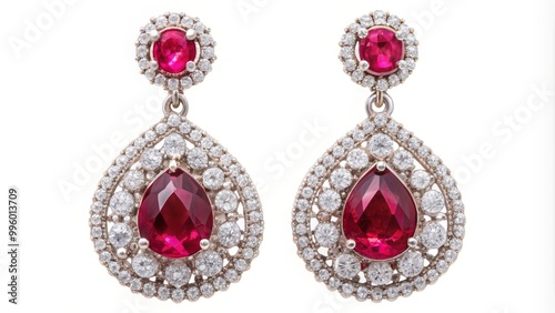 Pair of earrings sparkling with diamonds and ruby gemstones is lying on white background