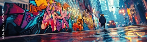 Worms-eye view, a curious raccoon scavenging through colorful city graffiti, vibrant urban environment, keen exploration, dynamic lighting photo