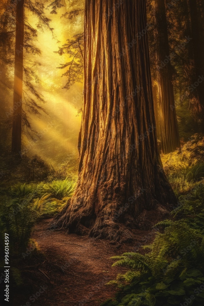 Fototapeta premium Sunlight streams through a redwood forest, illuminating the path ahead.