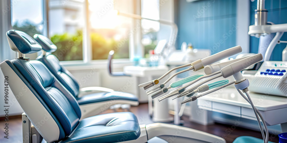 Closeup of dental handpieces and equipment on dental chair with blurred background , dentist, tools, office, clinic Closeup of dental handpieces and equipment on dental chair with blurred background , dentist, tools, office, clinic