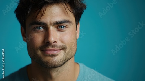 Handsome Young Man With Intense Gaze on Teal Background