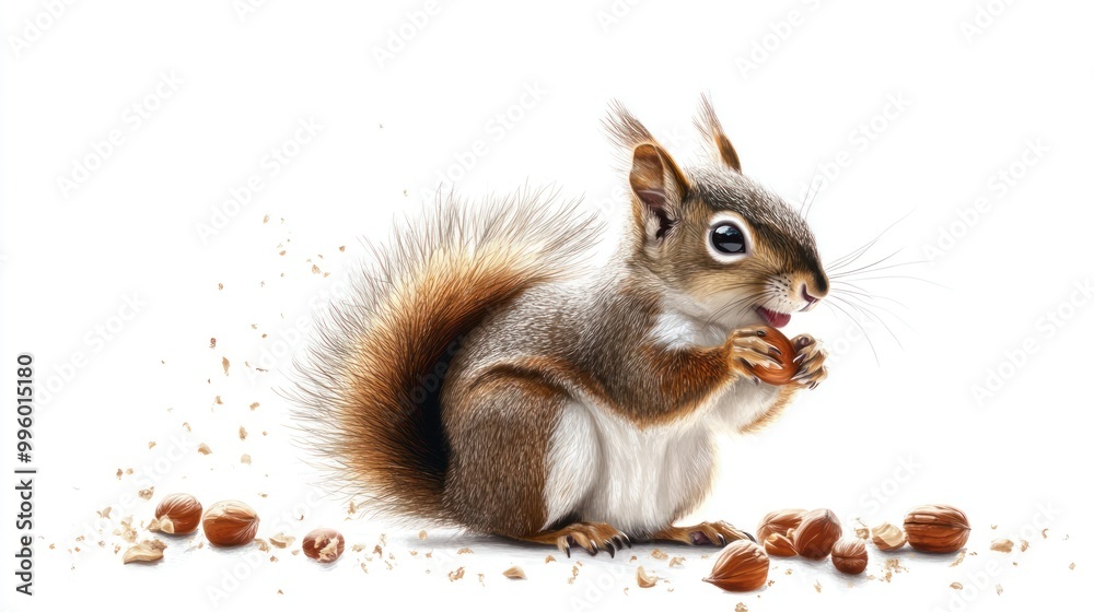 Obraz premium A Squirrel Holding a Hazelnut with Scattered Shells