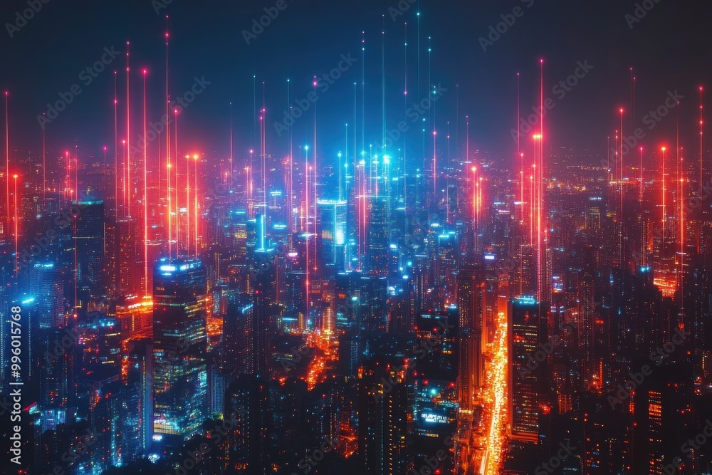 Futuristic Night Cityscape with Glowing Beams of Light Futuristic Night Cityscape with Glowing Beams of Light