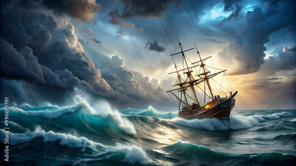Fototapeta premium Lost ship battles turbulent storm on rough sea, ship, storm, rough, lost, sailing, adventure, nautical, ocean, waves