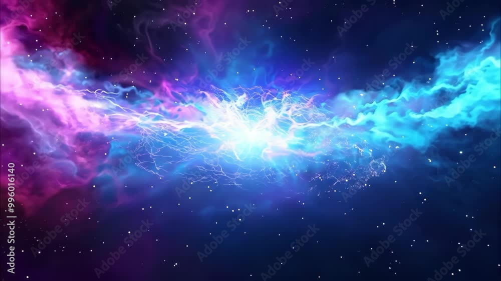 A vibrant cosmic scene with swirling blues, purples, and bright lightning-like bursts amidst a starry background. A vibrant cosmic scene with swirling blues, purples, and bright lightning-like bursts amidst a starry background.