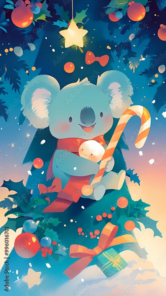 koala holding a candy cane in front of the xmas tree