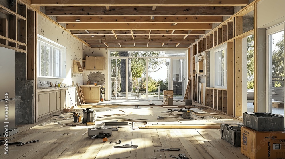 Unfinished Kitchen Interior with Tools and Materials Unfinished Kitchen Interior with Tools and Materials