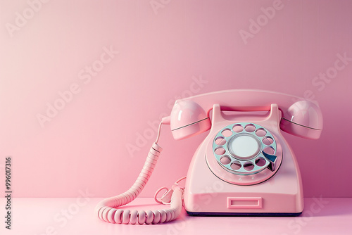 Image of a pink vintage telephone on a pastel background