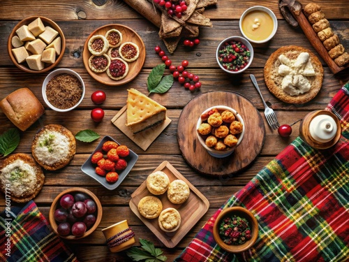 Traditional Scottish desserts beautifully arranged on a rustic wooden table, offering a feast for the eyes and inspiration for culinary delights and sweet indulgences.