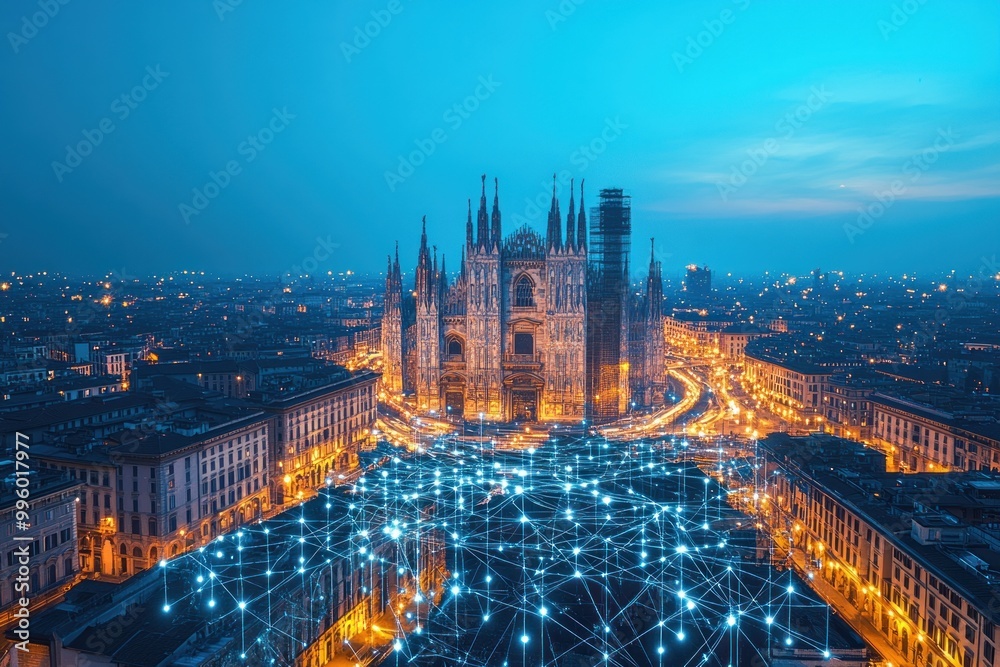 Fototapeta premium Milan Cathedral at Night with Illuminated Network Connections