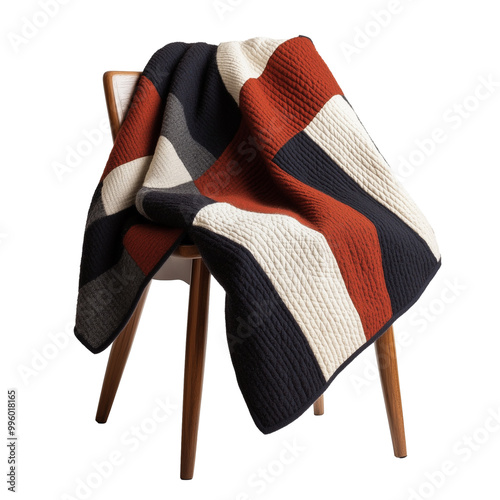 knitted blanket in navy, cream and red color blocks  on elegant wooden chair isolated on transparent background photo