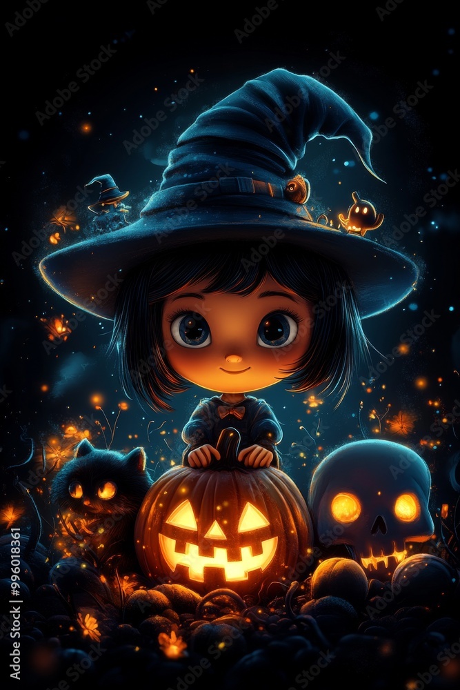 Fototapeta premium Adorable Halloween Witch Figures with Pumpkins and Skulls - Festive Fantasy Collection