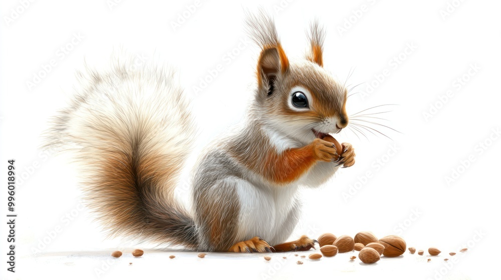 A Cute Squirrel Enjoying a Nut with Other Nuts Scattered Around A Cute Squirrel Enjoying a Nut with Other Nuts Scattered Around