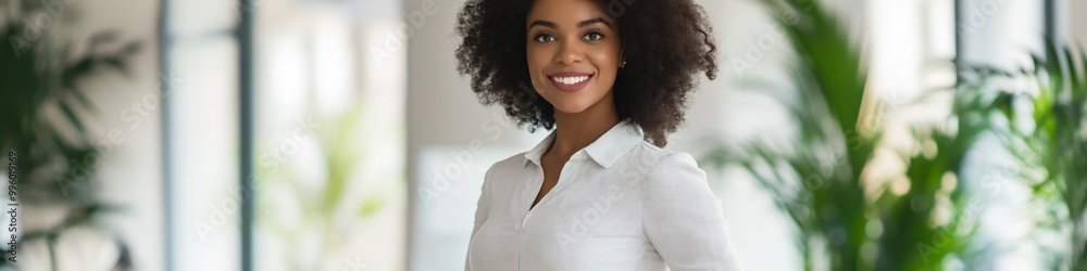 A woman with curly hair is smiling in front of a potted plant. She is wearing a white shirt and she is happy A woman with curly hair is smiling in front of a potted plant. She is wearing a white shirt and she is happy