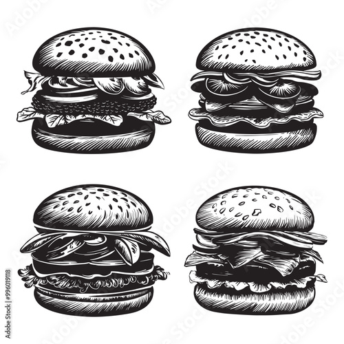 Set of hamburger hand drawn vector illustration isolated on a white background.