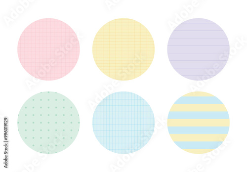 A set of stationery design template illustrations including circle pastel-toned memos, notepads, notebooks, and stickers. Note formats include lined, dotted, blank, and grid patterns.