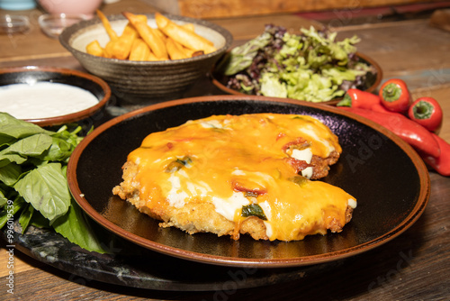 Obraz na płótnie A delicious plate of Chicken Parmo surrounded by the ingredients and classic British chips or fries on a wooden kitchen table w salonie