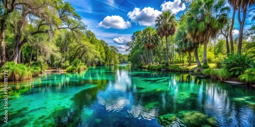 Serene Three Sisters Springs in Crystal River, Florida, enveloped by vibrant greenery, offers a peaceful escape into nature's beauty and tranquility for all visitors.