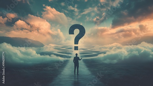 A person standing at the crossroads, looking into one path and pointing to an oversized question mark in front of them