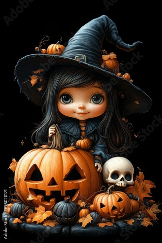 Adorable Halloween Witch Figures with Pumpkins and Skulls - Festive Fantasy Collection