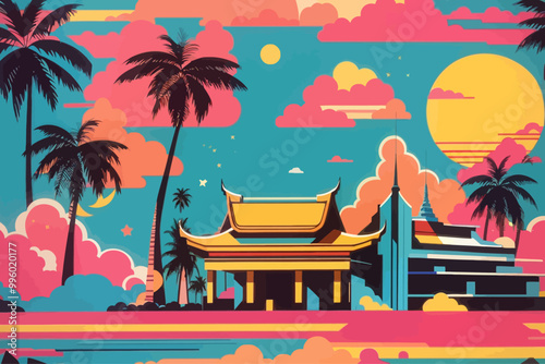 simple cartoon 80s seamless Thailand vibe pop art deco illustration