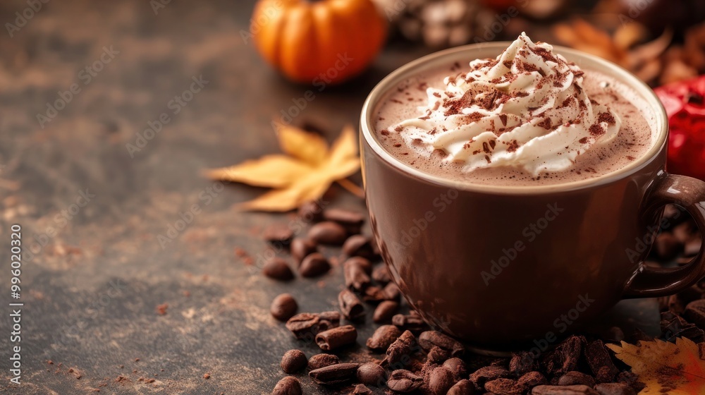 Pumpkin coffee latte with whipped cream. Traditional warming beverage for cold autumn