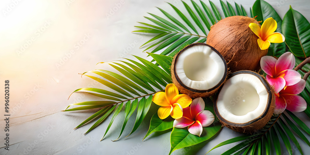 Vibrant of coconuts and tropical flowers on a light background, evoking a fresh, summery feel , coconuts, tropical Vibrant of coconuts and tropical flowers on a light background, evoking a fresh, summery feel , coconuts, tropical