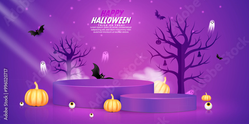 3D realistic purple gradient color abstract happy Halloween sale product podium background design with pumpkins, eyes, bats, and tree. Render happy Halloween holiday product podium design vector.